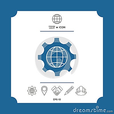 Globe of the Earth inside a gear or cog, setting parameters, Global Options icon Vector Illustration