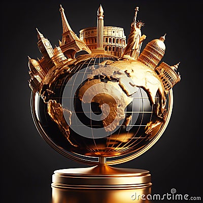 Globe Earth with the main monuments that are world attractions. AI generated Stock Photo