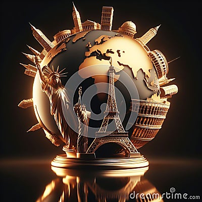 Globe Earth with the main monuments that are world attractions. AI generated Stock Photo