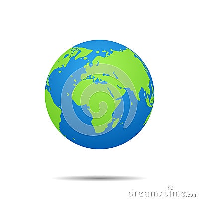 Globe earth map icon on isolated background. 3d world planet with global geography for travel. Green america, europe, africa Vector Illustration