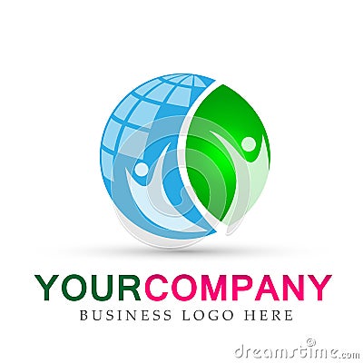 Globe earth and people leaf health care company concept logo icon element sign on white background Cartoon Illustration