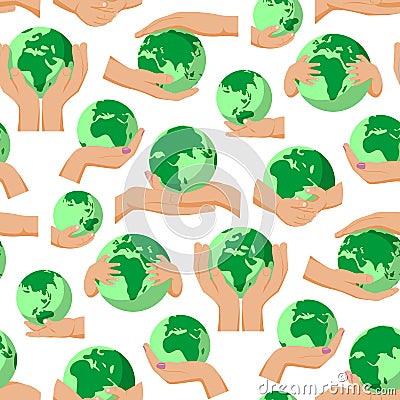 Globe Earth planet in human hands fingers holding world safety global concept vector seamless pattern background Vector Illustration