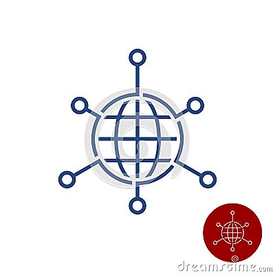 Globe Earth sphere with pointers out. Network over the world concept sign. Global tech logo Vector Illustration