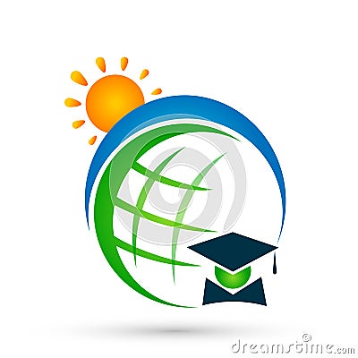 Globe education Graduates people world sun logo icon successful graduation students bachelor icon element on white background Cartoon Illustration