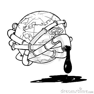 Globe entangled with oil pipelines. Illustration on the modern world vicious dependency on the fossil fuels. Vector Illustration