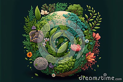 Globe with flowers overgrowing on black background, created using generative ai technology Stock Photo