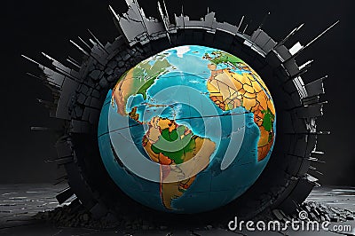 Globe Fracturing into Myriad Pieces - Dramatic Emphasis on Cracks, Continents Adrift Amidst Cosmic Chaos Stock Photo