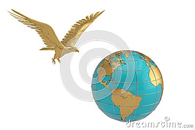 Globe and gold eagle.3D illustration. Cartoon Illustration