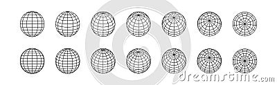 Globe grids. 3D spheres various position. Striped 3D balls, earth globe grid linear geometry vector orb symbol set Vector Illustration