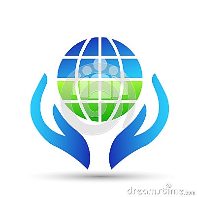 Globe and hands people logo icon concept save and care earth and people on white background Cartoon Illustration