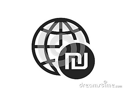 Globe with israeli sheqel coin icon. world money symbol Vector Illustration