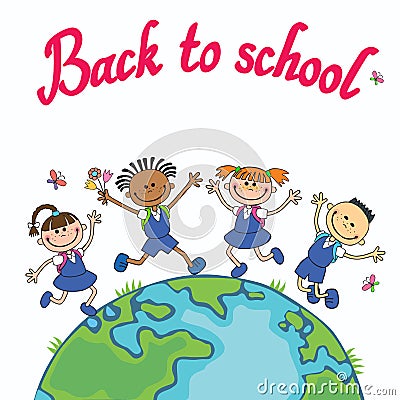 Globe kids. Earth day. Pupil school jumping Vector illustration Children Holding Hands. Vector Illustration