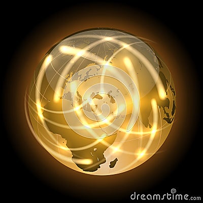 Globe with light traces rotating around. Vector Illustration