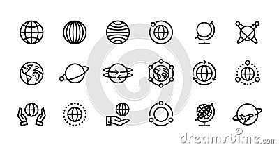 Globe line icons. World earth outline symbols for web interfaces, planet country map travel design template. Vector Vector Illustration