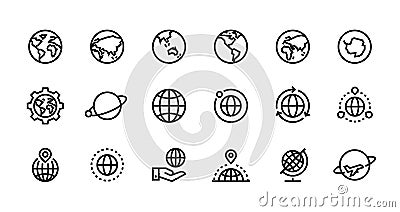 Globe line icons. World sphere with longitude and latitude, travel and destination concept. Vector web interface outline Vector Illustration