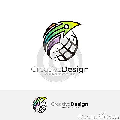 Globe logo and arrow design combination, earth logos Vector Illustration