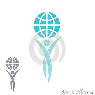 Globe logo man hands up planet together, achievement success creative idea, save Earth emblem Vector Illustration