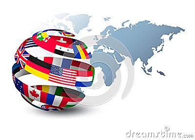 Globe made out of flags on a world map background. Vector Illustration