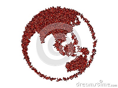 Globe map focused on Asia and the Pacific made with red rice grains on a white isolated background. Export, production, supply, Stock Photo