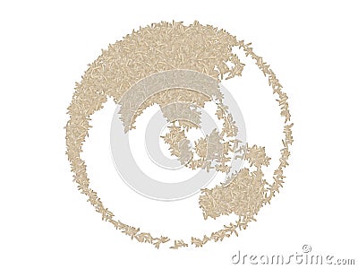 Globe map focused on Asia and the Pacific made with white rice grains on a white isolated background. Export, production, supply, Stock Photo
