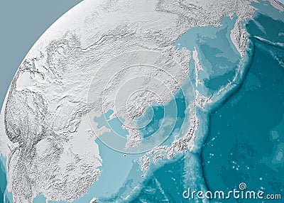 Globe map of Japan, North Korea and South Korea, physical map Asia, East Asia. Map with reliefs. Bathymetry, underwater depth Stock Photo