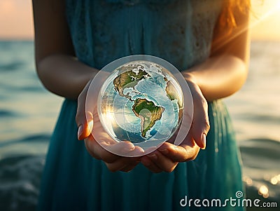The globe is a model of the blue planet Earth with continents and seas in caring female hands Stock Photo