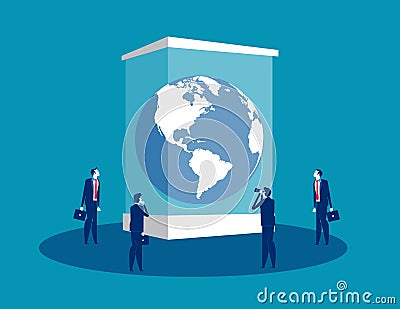 Globe in a museum glass box. Concept business vector illustration, Extinct, People, Looking and Searching Vector Illustration