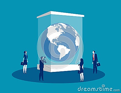 Globe in a museum glass box. Concept business vector illustration, Extinct, People, Looking and Searching Vector Illustration