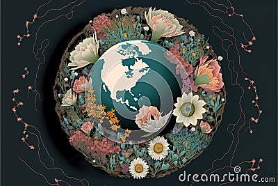 Globe with overgrowing flowers and roots on black background, created using generative ai technology Stock Photo