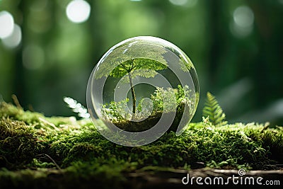 Globe Placed On Moss In Forest, Illustrating Environmental Earth Day Concept Stock Photo