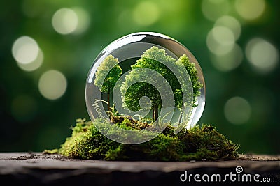 Globe Placed On Moss In Forest, Illustrating Environmental Earth Day Concept Stock Photo