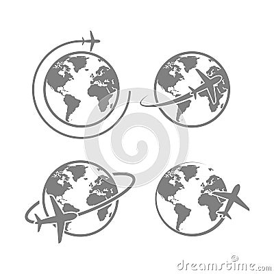 Globe plane icon vector. airplane fly around the earth. international world fly sign symbol. isolated logo on white background. Stock Photo