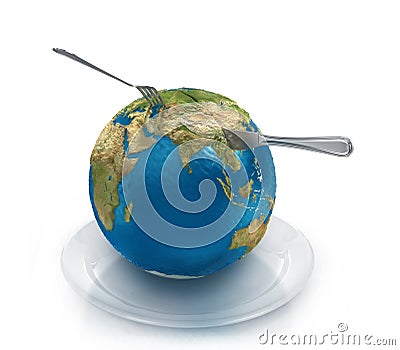 Globe on a plate with a fork and knife, Stock Photo