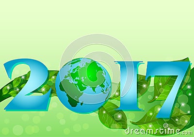 2017 with globe and plume of green leaves Vector Illustration