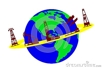 Globe and silhouettes of oil industry. Vector Illustration