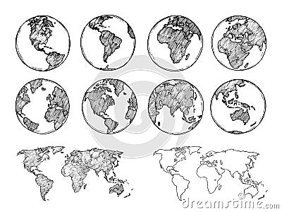 Globe sketch. Hand drawn earth planet with continents and oceans. Doodle world map vector illustration Vector Illustration