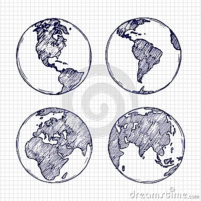 Globe sketch. Hand drawn earth planet with continents vector illustration Vector Illustration