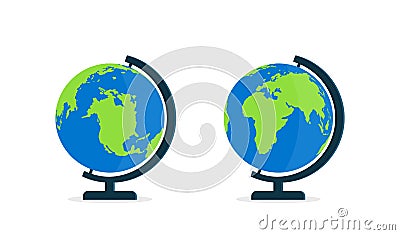 Globe with stand. World on globus for classroom and school. Icon of map on desk. Model of earth with axis. Flat globe isolated on Vector Illustration