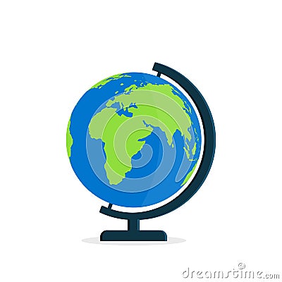 Globe with stand. World on globus for classroom and school. Icon of map on desk. Model of earth with axis. Flat globe isolated on Vector Illustration