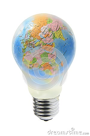 Globe in tungsten light bulb Stock Photo