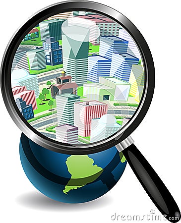 Globe under a magnifying glass and the city Vector Illustration