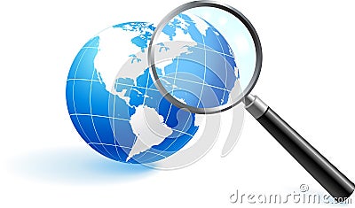 Globe under magnifying glass Stock Photo