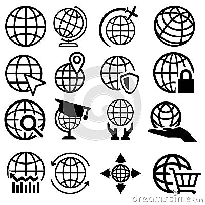 Globe vector icons set. World map icon illustration, global business logo, international communication symbol. Vector Illustration