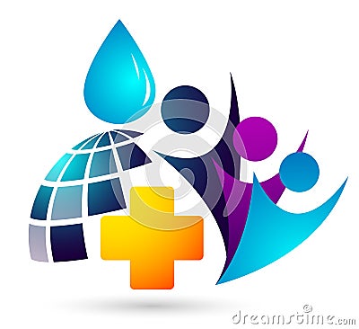 Globe Water drop medical logo concept of water drop with world save earth wellness symbol icon nature drops elements vector design Cartoon Illustration