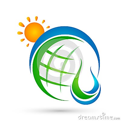 Globe Water drop sun logo concept of water drop with world save earth wellness symbol icon nature drops elements vector design Cartoon Illustration