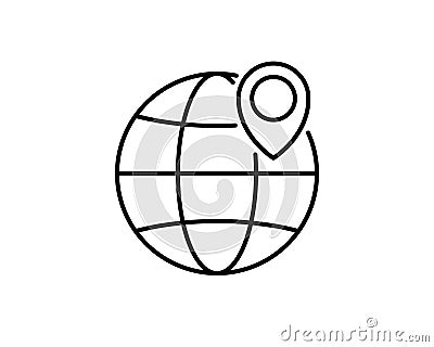 Globe web icon and location pin. Planet earth icon set with pointer pin. Globe and location icon, outline style Vector Illustration