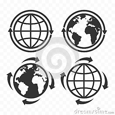 Globe web icon set. Planet Earth icons and arrows. Vector Illustration