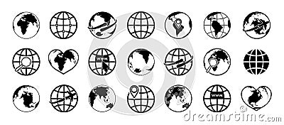 Globe of world. Earth icons. Global map for travel, network, internet, business. Symbol of worldwide logistics with location and Vector Illustration