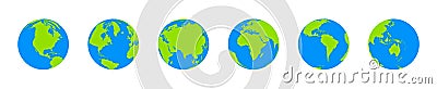 Globe of world, earth. Vector transparent 3d world map icons on background. Europe, Asia, Africa, America, Australia on globus. Vector Illustration