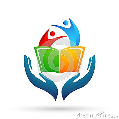 Globe world Education care hands logo children school books kids icon Stock Photo